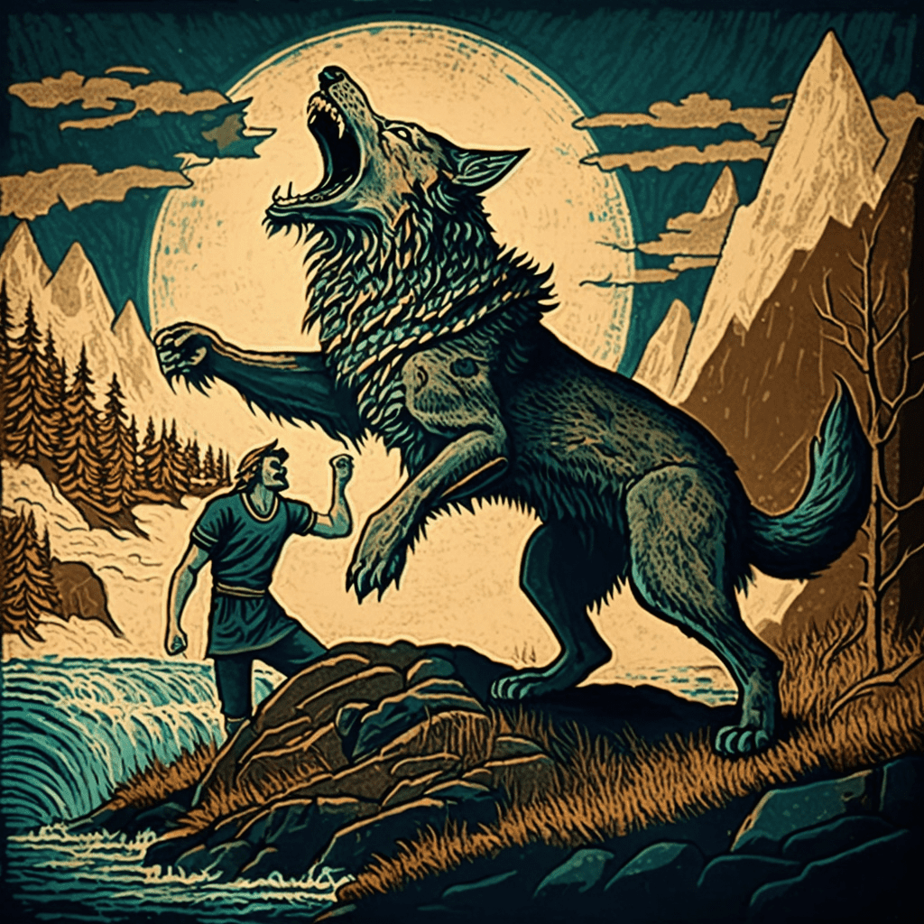 Fenrir the norse wolf god fighting Tyr