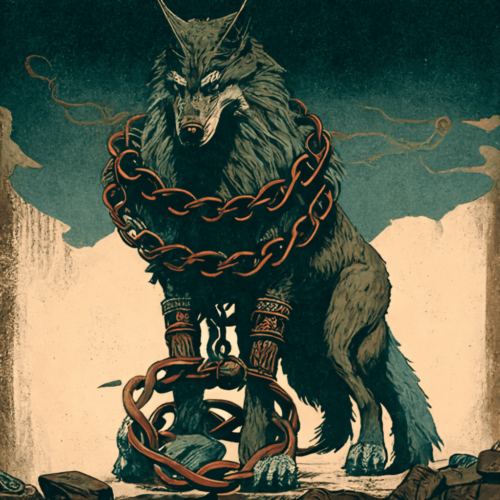 Fenrir the norse wolf god bound in chains