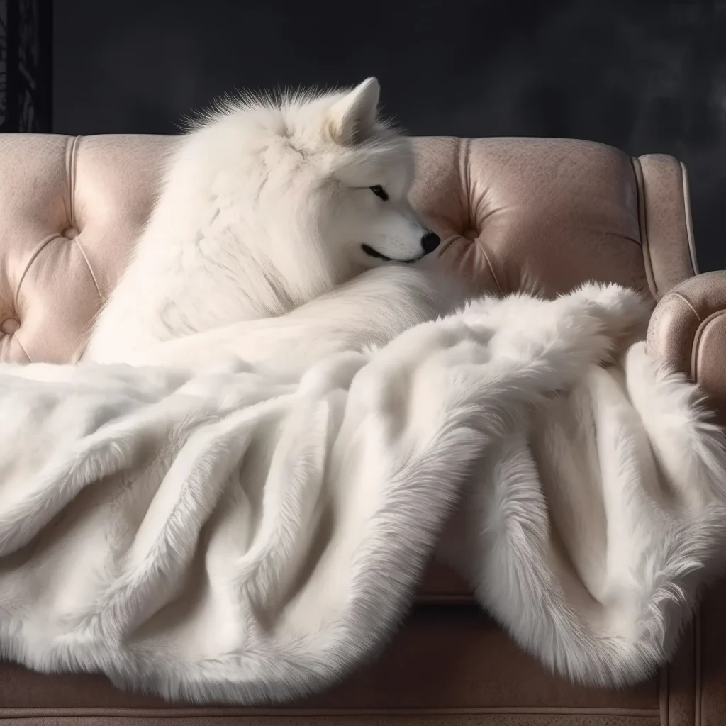 Arctic White Fur Throw on a sofa with wolf