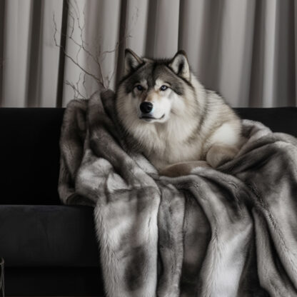 Arctic grey faux fur throw with white wolf