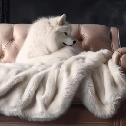 Arctic white faux fur throw with white wolf